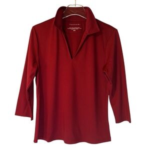 Tahari Burgundy Red Top Blouse Split Neck Collar 3/4 Sleeves Stretch Women M